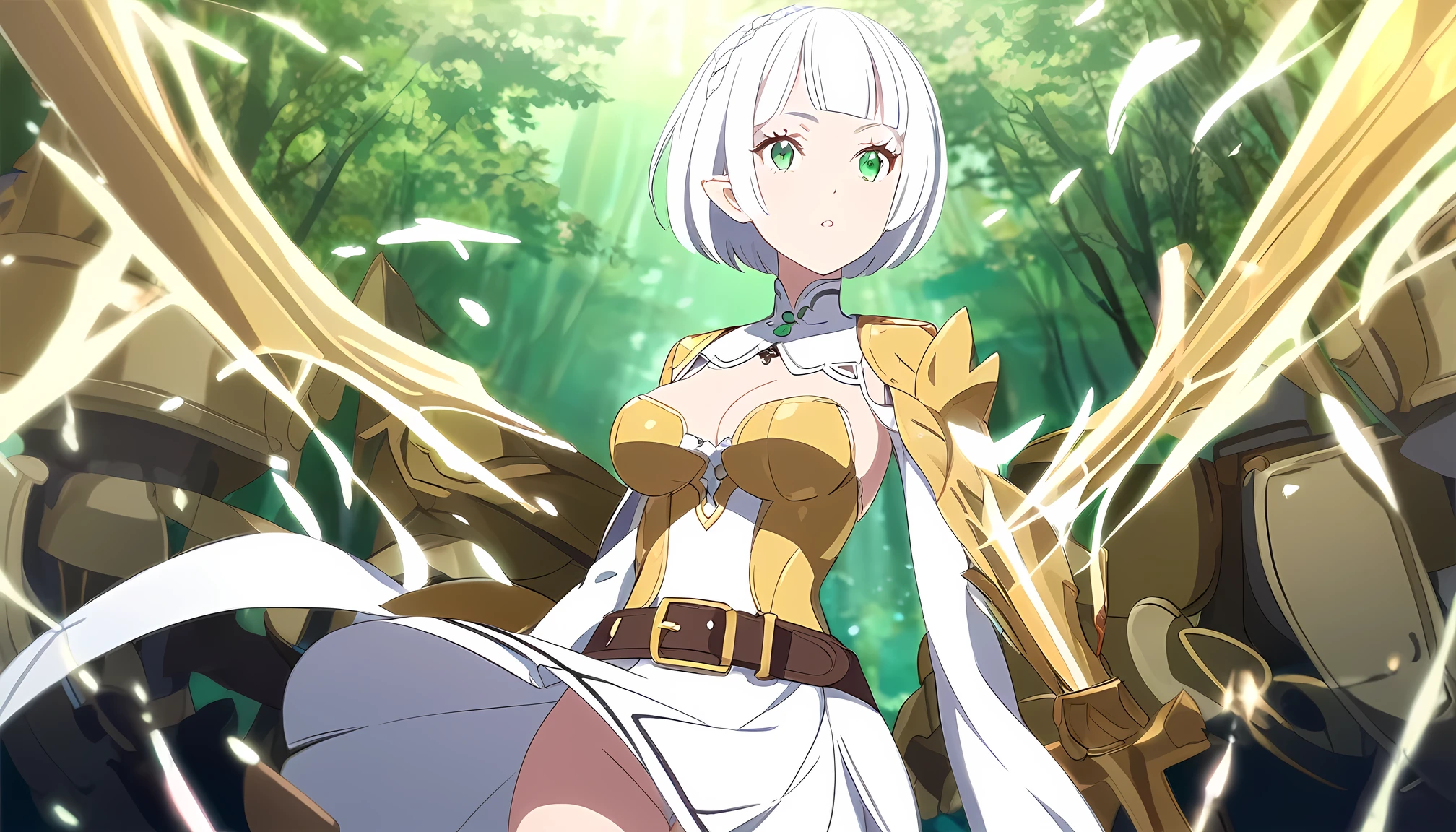 Anime styles, Re zero style, White outfit,white skirt, Gold armored, medium breast, leather belt, Sexy suit, Sexy styles, Sword, White hair, short hair, Green eyes, Elf, Adult age, HD, effect, Luminous tree background