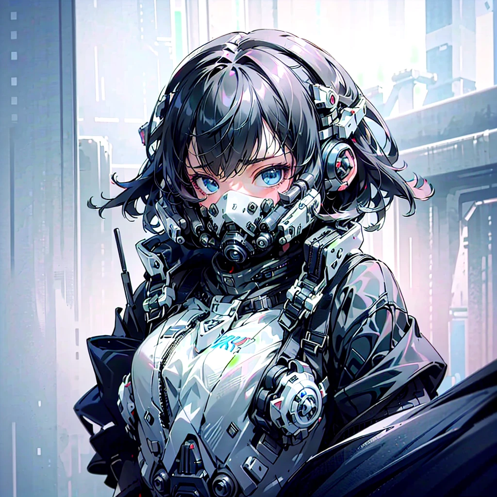 (8k, RAW photo, best quality, masterpiece:1.2), (realistic, photo-realistic:1.4), ultra-detailed,1girl, short black hair, blue eyes, wearing cyber mask, angry face, in the middle of battlefield, dusty, full body, cyberpunk, cyber helmet, mask on, techpunkwear