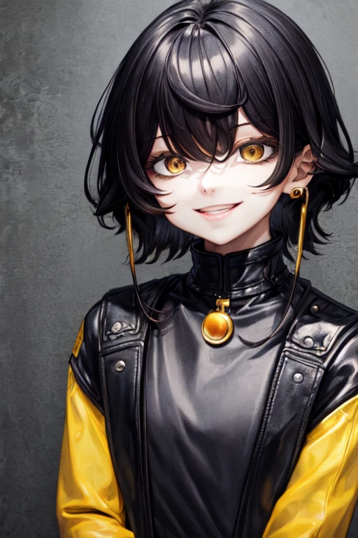 Masterpiece, Upper body, Face image, woman, Single, Black hair, Hair above the eyes, Untidy hair, yellow sweater , Black leather jacket, a smile, Earrings, in the fresh air, collar