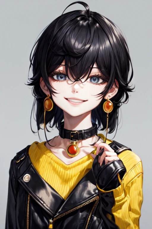 Masterpiece, Upper body, Face image, woman, Single, Black hair, Hair above the eyes, Untidy hair, yellow sweater , Black leather jacket, a smile, Earrings, in the fresh air, collar