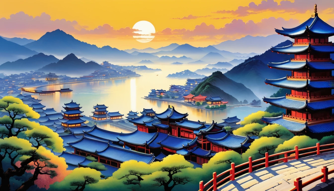 in Bada Shanren style, cityscape