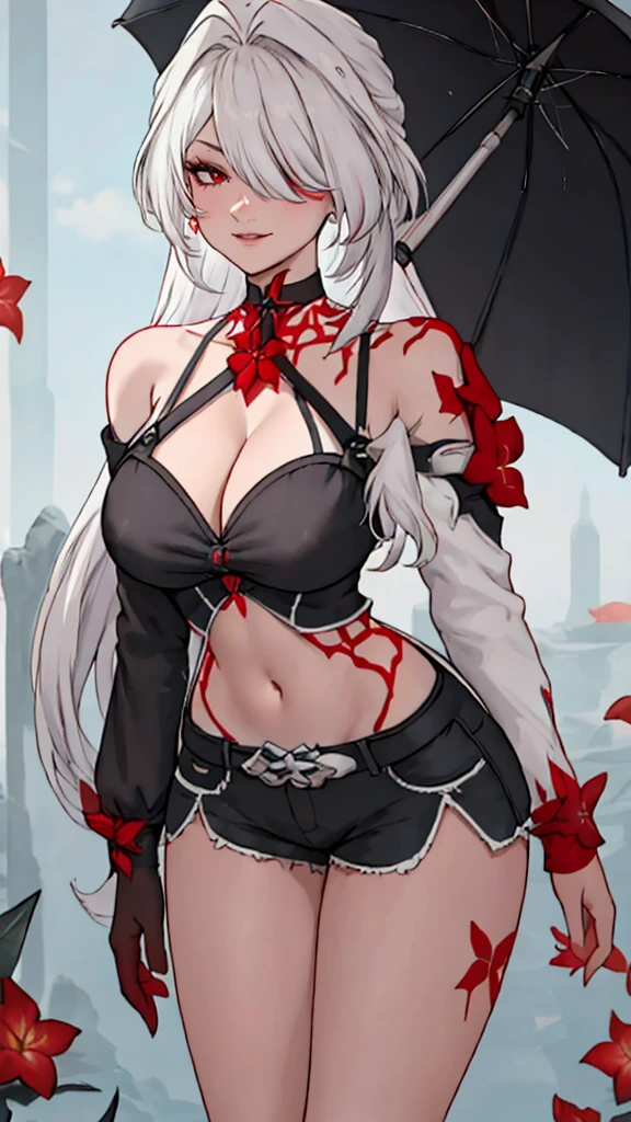 masterpiece, best quality, 1girl, solo, looking at viewer, smile, white hair, long hair, red flowers, cleavage, medium breast, (acheron), black shorts jeans, 1 girl bangs Bare shoulders black  shoes black gloves red long sleeves , short shorts sleeveless shorts just standing stomach, white shirt wide sleeves red umbrella 
(detailed background:1.3),standing,