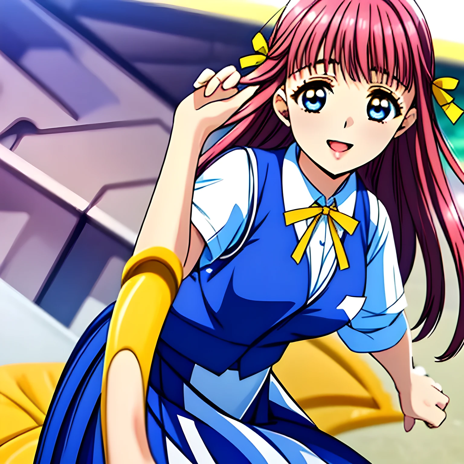 (highest quality, masterpiece:1.2), highest quality, High resolution, 1080P, 8k, (Very beautiful and delicately drawn high-resolution anime CG: 1.5), (A beautiful girl anime heroine, A very neat, very noble, pretty, pure), Glossy lips, Evenly cut bangs, (beautiful blue eyes with detailed: 1.2), (Very beautiful and very long flowing pink hair: 1.2), (Noble blue school vest uniform, blue pleated noble skirt, white blouse: 1.6), (Big yellow cute wide ribbon on her chest), (Yellow hair ribbon clip: 1.0), (Giggling: 1.0), (Mouth is laughing and wide open as a game heroine: 1.0), (A beautiful body like a model), (Walking with a school bag, turning around), (long cute eyelashes: 1.4), ((thin droopy eyebrows: 1.4)), (giggling and calling me to invite me to her extreme happiness with her mouth widely open!: 1.6), (showing her very long tongue: 1.6), (laughing shy cheeks and lips, as if watching a comedy: 1.5), ((Very super long wavy hair is too much beautiful: 1.0)), (Tilting her head shyly), (Too beautiful women to stop falling into her, makes me crazy: 1.6), (She is in fact succubi and calling me with strong religious temptation, drops me into craziness: 1.2), (showing her palm to invite me: 1.2)