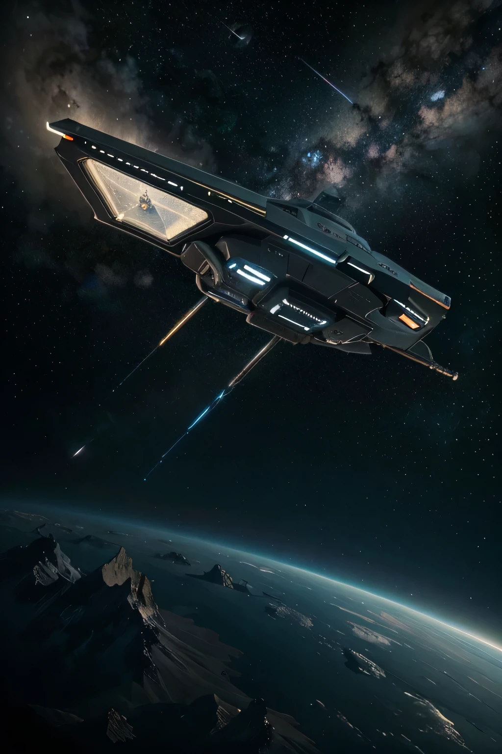 A spaceship flying through the galaxy with stars and bright stars., Concept art inspired by Eve Rider., ผู้ชนะการประกวด cg Society, space art, Mighty beautiful space sci-fi,, Sci-fi movie shock, Eve Online Movies still available, Great spaceship scene, science fiction spaceship, There is the Milky Way galaxy.