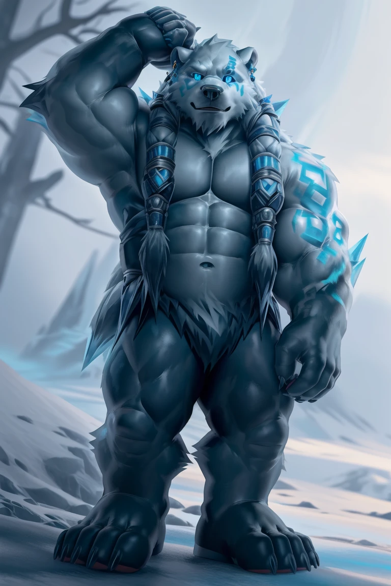 (Volibear/(League of Legends)), ((blue eyes, black sclera,glowing eyes,eye tattoo,arm tattoo,muscular, muscular male,abs, braided hair,hair accesory, glowing runes,ice spikes,ear ring, earrings)), (pose:1.3), (posing:1.3), (soft shading), 4k, hi res, five fingers, detailed hands, ((detailed face, (detailed eyes:1.3), detailed)), ((focus on full body)),show legs,show feet,(by takahirosi:1.5), solo, looking at viewer, 1boy, snow background with ice, navel, standing, full body, male focus,((topless,bottomless)), abs, biceps, flexing, smile,furry