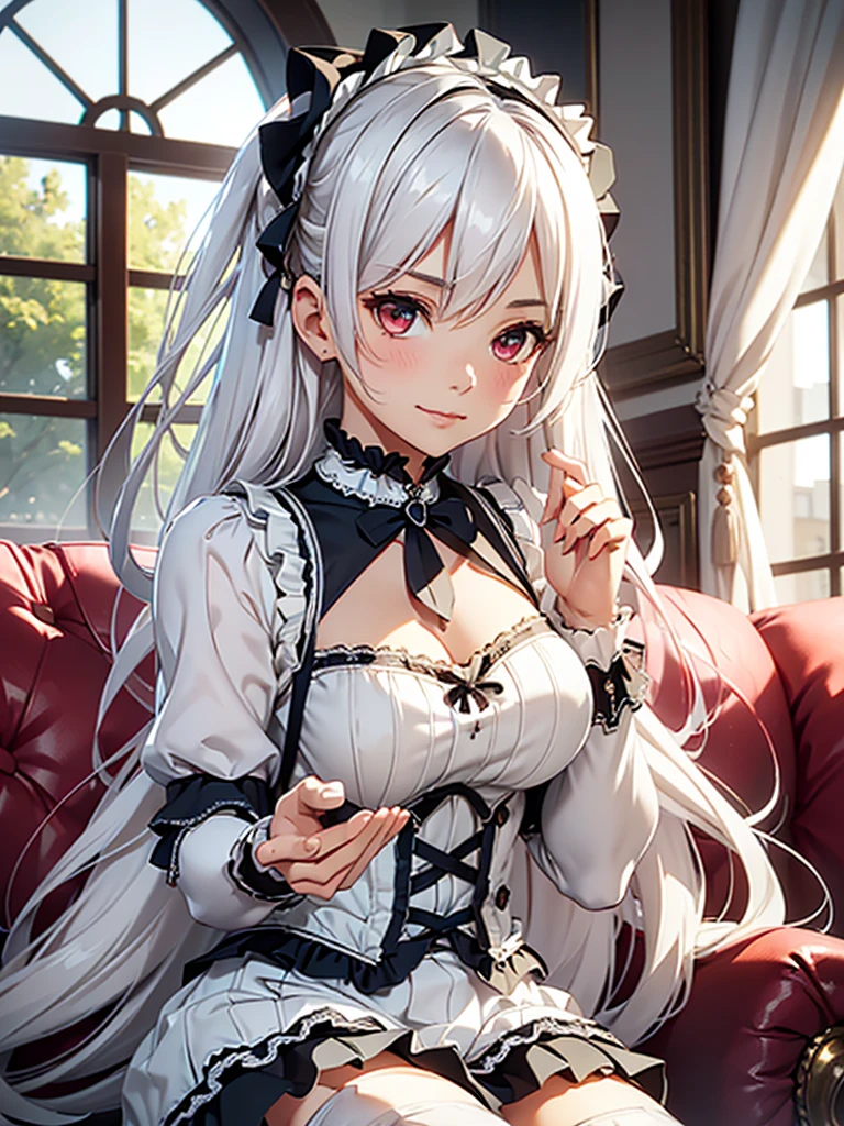 ((Tabletop)), high quality,(Focus on people:1.3),( Realistic:1.3),Very detailed, Silver Hair, (White clothes: 1.2),(Gothic Lolita:1.3), Short sleeve,A kind and sensitive girl, Hmph, (Lolita:1.5), Delicate facial features, Glossy lips,Perfect figure, Bright bright colors, Romantic long hair, Natural light,Red eyes, Gorgeous hair ornament,(Fluffy mini skirt:1.4),Cleavage,Wide open chest,I can see your thighs,(exposure of skin:1.4),Closed mouth smile,Sit on the sofa,