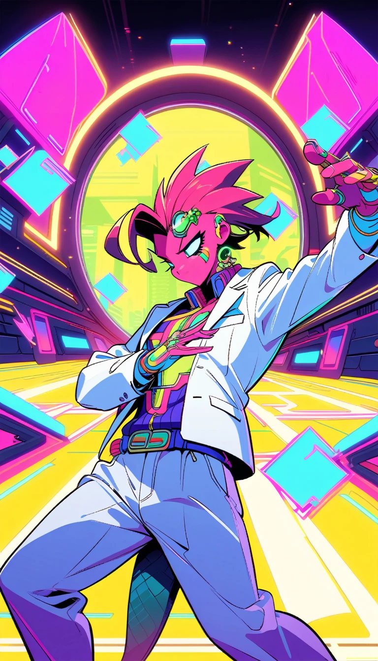 ((best quality)) , ((masterpiece)) , (detailed),Illustration of a Hearthstone card game character, a lizard in a white suit with a red mohawk dancing on a golden dance floor, with yellow lights and green decorations in the background, in the style of a cartoon.vaporwave style. retro aesthetic, cyberpunk, vibrant, neon colors, vintage 80s and 90s style, highly detailed
