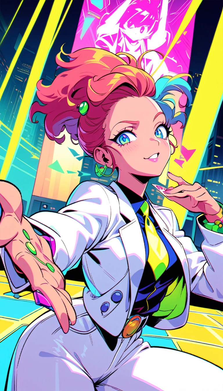 ((best quality)) , ((masterpiece)) , (detailed)，Illustration of a Hearthstone card game character, a lizard in a white suit with a red mohawk dancing on a golden dance floor, with yellow lights and green decorations in the background, in the style of a cartoon.vaporwave style. retro aesthetic, cyberpunk, vibrant, neon colors, vintage 80s and 90s style, highly detailed