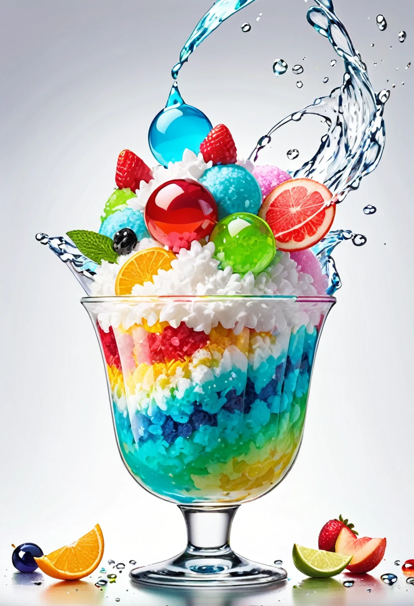 Delicious looking shaved ice、(Colorful slime candy sprinkled on top)、Beautiful glassware、Water Drop、fruit、 food, food focus、No humans, White Background, Simple Background,