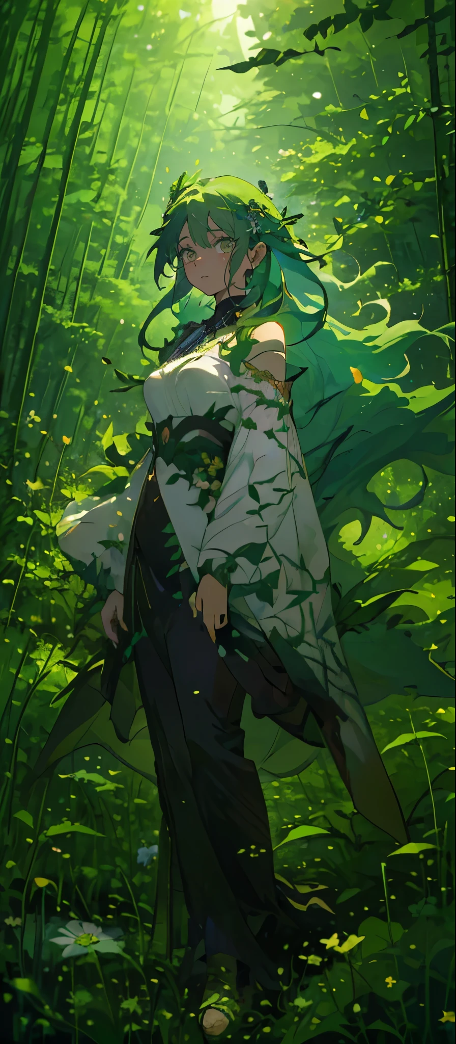 (Mastepiece), (Best Quality), Very detailed, 1 girl, (Solo full body shot:1.4), Perfect Face, beautiful girl, Very detailedな顔,(Green hair long hair:1.5),(Green Eyes:1.4),(Lots of butterflies々:1.2)、(forest、Flower Field:1.4)、(Lots of petals:1.3)、(gem:1.3)、(smile:1.3)、Fairy、mysterious、Fantasy、beautiful、beautiful