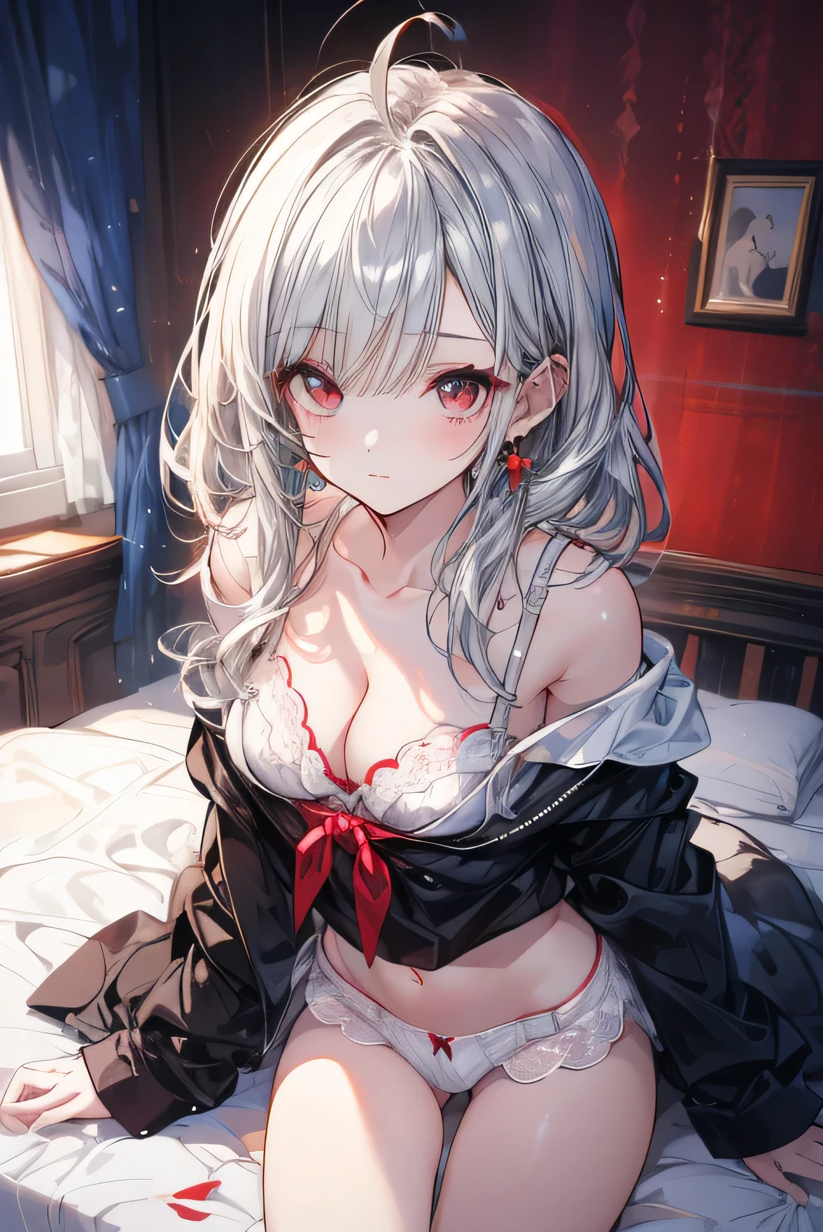 Masterpiece、Anime Coloring、Ultra fine、16K、Highest quality、((Silver Hair Mesh))((Elven pointed long ears))、((White underwear、In underwear))、blush、Looking up、Medium Hair、bed、Stylish room、((Medium chest))、((Cleavage))、((detailed eyes))、((lie on bed))、Red eyes、Ahoge、messy hair、cowboy shot