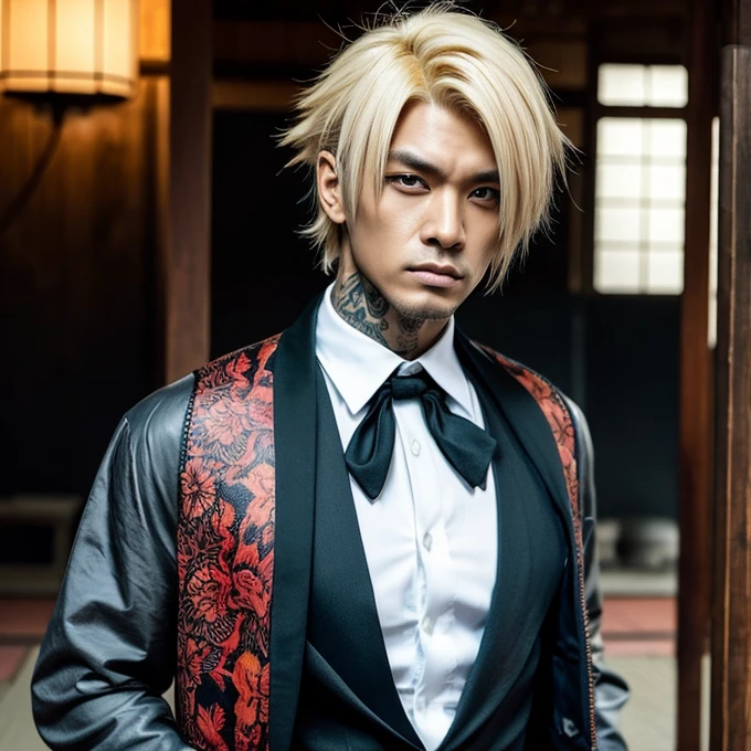 1 man, male, Japanese man, Visual Kai hairstyle, ultra detailed face and body, hyperrealistic, realistic representation, muscular, broad shoulders, tattoos gothic style, Visual Kei style, hairstyle Visual Kei, blond, long hair, 40 years old, age 40, outfit gothic , men's shirt and black pants, Asian eyes, eyes, Visual Kei hairstyle