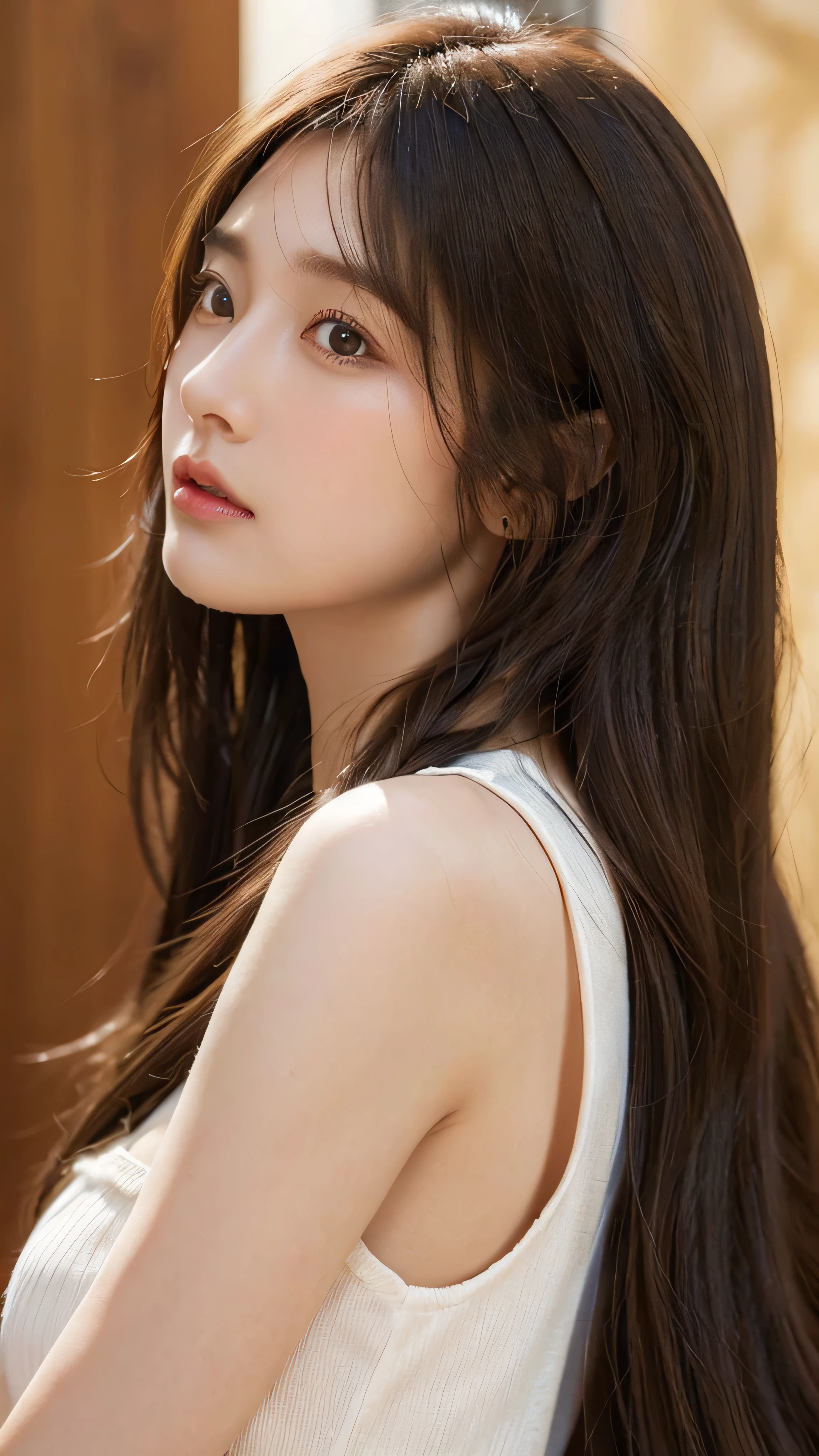 More skin, toView, Brown-eyed, (Light Brown Fringe Hair:1.2),Braided hair、The long-haired、Golden Ratio Face、Detailed eyebrows、A detailed eye、Detailed nose、Detailed mouth、Detailed hand、(Photorealsitic:1.4), (Top image quality:1.0),