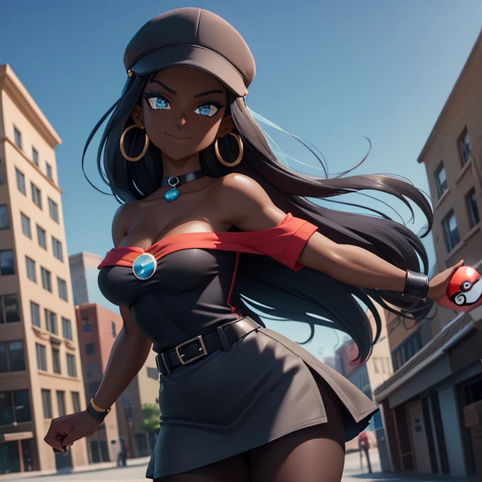 best quality, (wide shot), CGSsociety, 8K, ultra-realistic, masterpiece,  solo, 1girl, nessacasual, aqua eyes, eyeshadow, dark skin, (dark-skinned female:1.5), makeup, long hair, sidelocks, thick eyebrows, black hair, aqua hair, streaked hair, medium breasts, grey cabbie hat, red shirt, off shoulder, collarbone exposed, cleavage, tight black lycra short skirt, pantyhose, earrings, hoop earrings, (holding a poke ball:1.3). looking at viewer, looking at the camera with an arrogant smile, standing, outdoors, city street