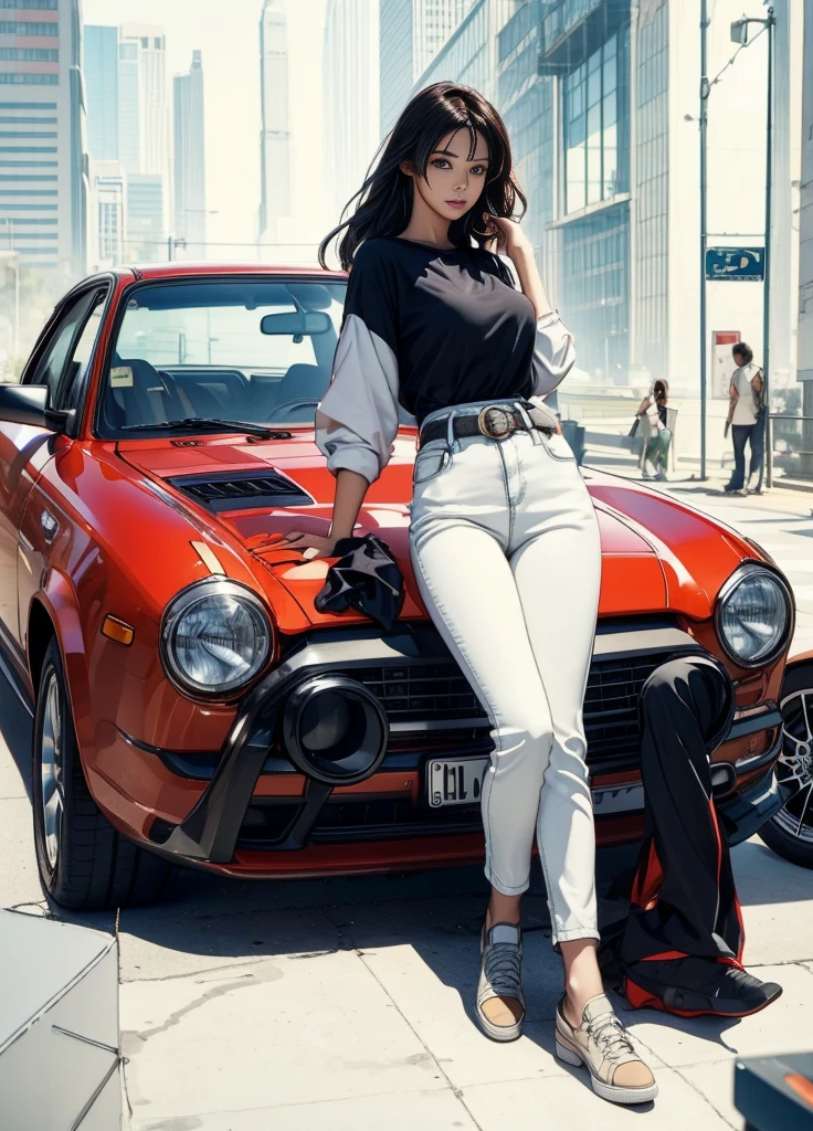 1girl, solo, long hair, looking at viewer, shirt, black hair, white shirt, ass, outdoors, day, looking back, pants, from behind, black footwear, high heels, tree, squatting, denim, ground vehicle, building, motor vehicle, sleeves rolled up, jeans, butt crack, car, road, vehicle focus, sports car