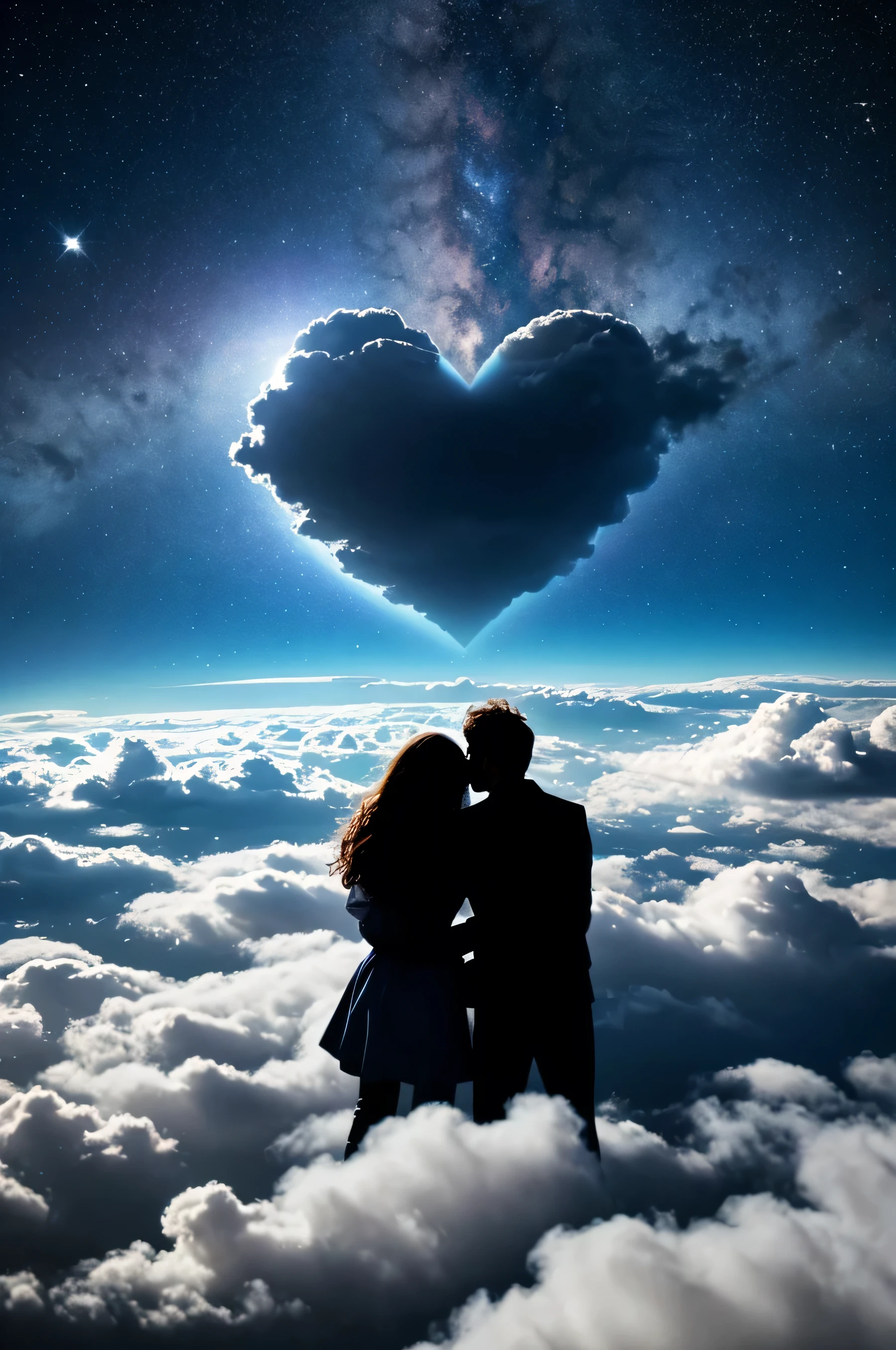 space, among the clouds there is a heart destroying itself, that expresses a sad song about the breakup of a love relationship between a woman and a man