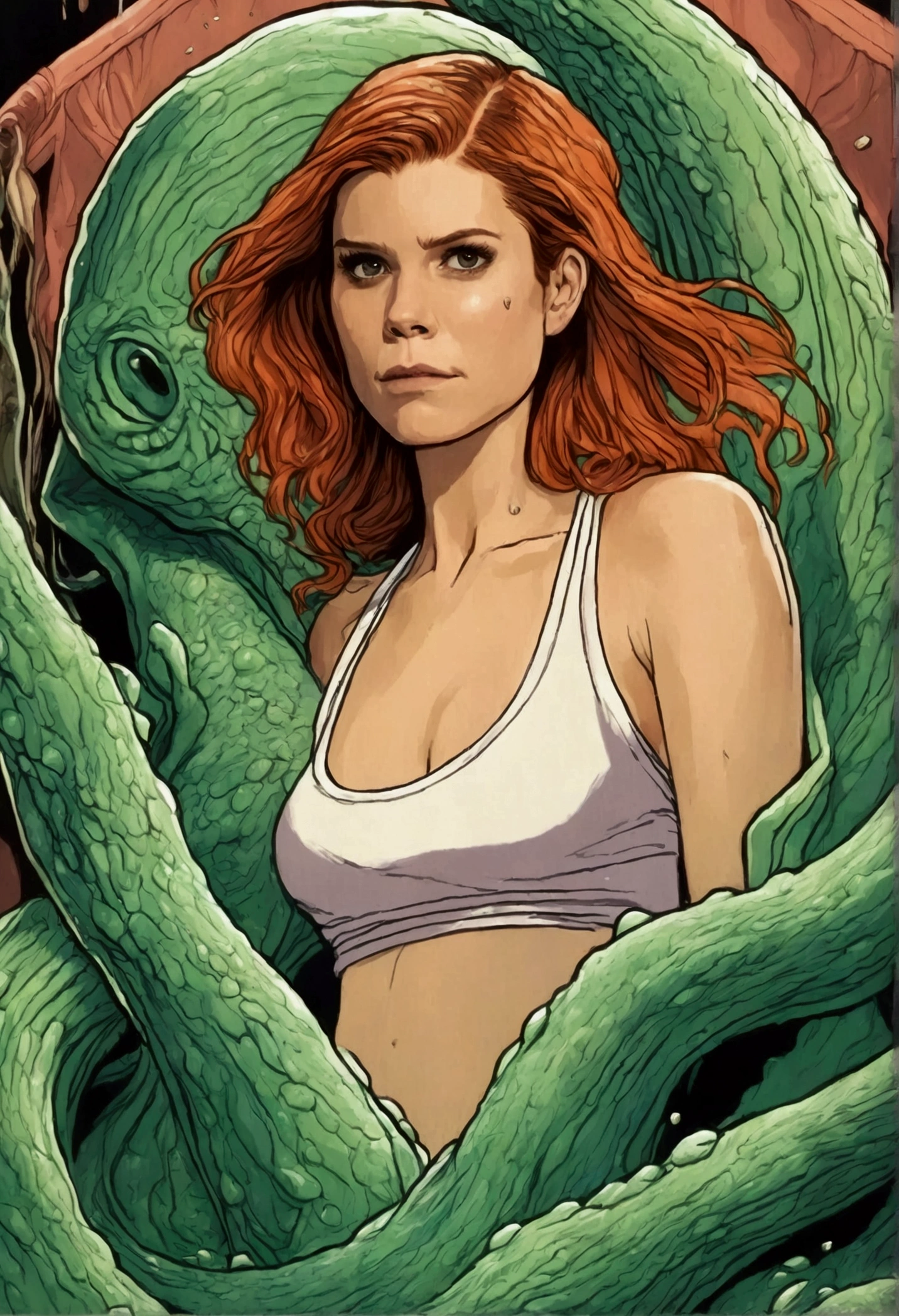 Kate Mara, age 25, dressed in a bath towel, is fleeing from her bathroom which is filling with translucent slime, movie monster C'Thulu and other eldritch tentacled beasts, flesh hungry monsters, damsel in distress