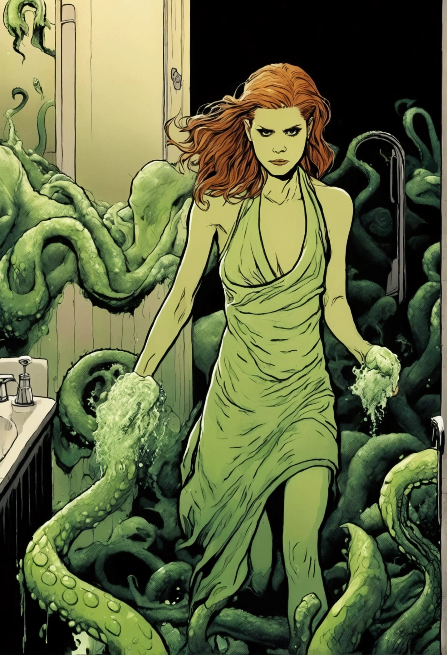 Kate Mara, age 25, dressed in a bath towel, is fleeing from her bathroom which is filling with translucent slime, movie monster C'Thulu and other eldritch tentacled beasts, flesh hungry monsters, damsel in distress