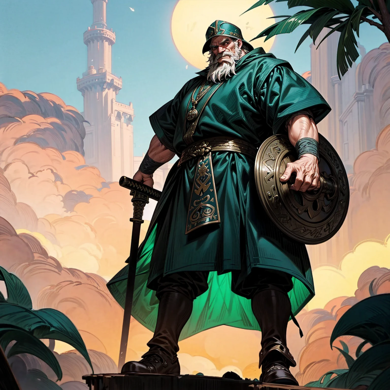 Solo character, full body version, old man, Big fat body, very tall 100 feet high, very big palms, chin beard, black color hair, green eyes, short curly hairstyle, gladiator outfits, helm Vikings, boots, backgroun in outdoor Castle, standing gesture, sword in hand, glow effect on sword, (one piece style art)