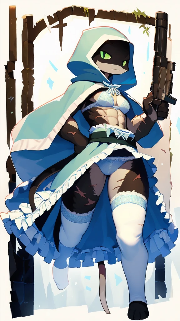 One person、Slender lizard man、masterpiece、Highest quality、Black body、There are scars on the body、Sharp Eye、Light blue lace underwear、Lace fabric bra、Knee-high socks、garter belt、Long, thin tail、A green camouflage coat with a hood、gun、In the ruins、Accentuate your butt、Tail up