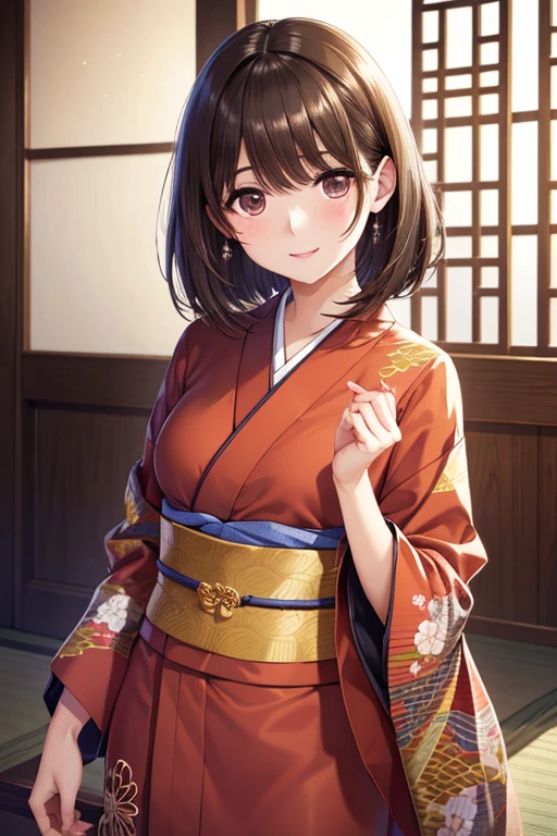 anegasaki nene、Shiny brown hair, short hair, (Beautiful brown eyes、Sparkling eyes, Fine grain)、smile、Ultra-detailed eyes、Highly detailed face, Highly detailed eyes,

Cowboy Shot、

(((Naughty Kimono))), Brown Hair, short hair, Best image quality, high quality, Attention to detail, Ultra-high resolution, 8k, Depth of written boundary, photograph, Intricate details, Elaborate, Scrupulous, grow, Maximum details, Exquisite beauty