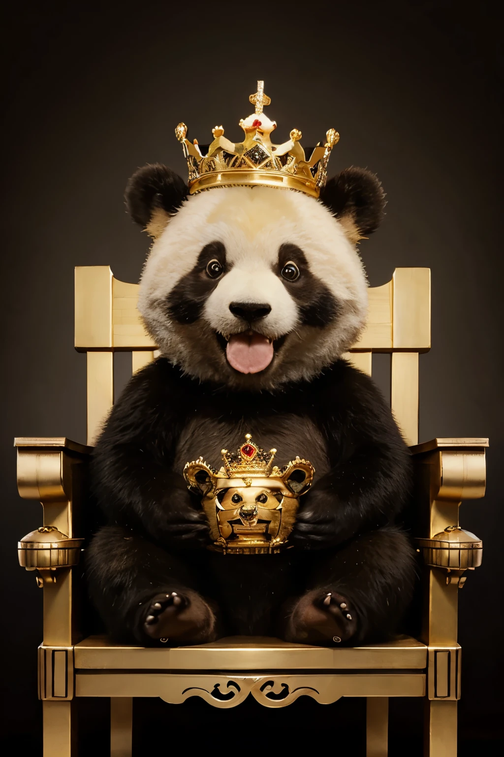 drawing of a cute and smiling cub panda bear, sitting on a golden iron throne, with a crown on its head
