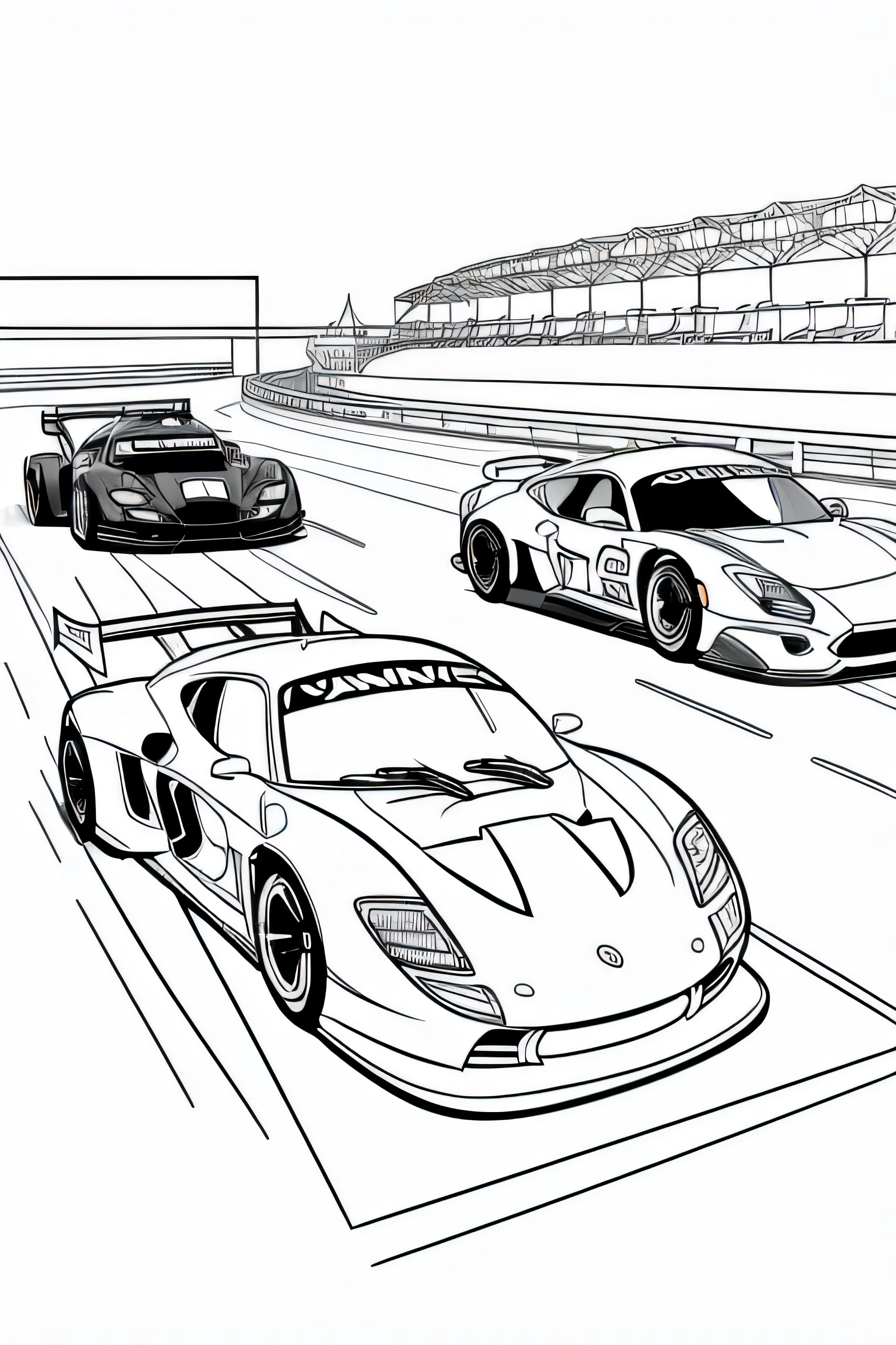 Coloring page with entire super racing cars, with a racing track background, cartoon style, thick lines, no color, white background, only lines, 4k quality