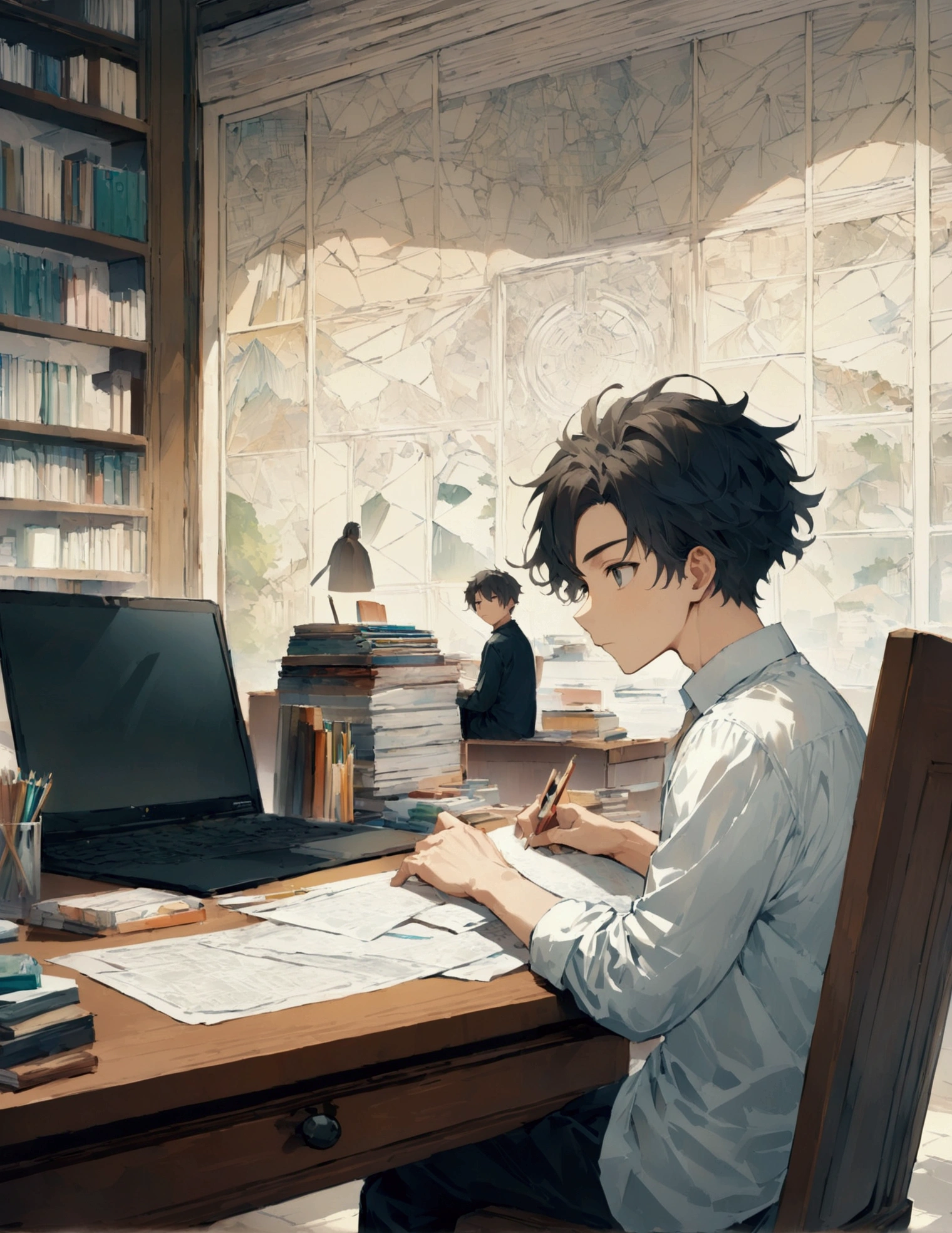 A 19-year-old man taking a paper test,Focus on boys,He is a quiet, smart and cool guy..,A man is sitting in a chair in front of a desk with a paper test on it。.,There are pencils and erasers on the desk..,He is working on a paper test with a serious expression.,He looks calm, But he's actually confused.,Draw an abstract background to represent confusion,(The location is a small room、Distorted alphabet in the background),(masterpiece:1.3),(Highest quality:1.4),(Super detailed:1.5),High resolution,Very detailed,unity 8k wallpaper,An illustration