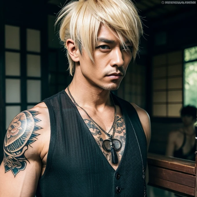 1 man, male, Japanese man, Visual Kai hairstyle, ultra detailed face and body, hyperrealistic, realistic representation, muscular, broad shoulders, tattoos gothic style, Visual Kei style, hairstyle Visual Kei, blond, long hair, 40 years old, age 40, outfit gothic , men's shirt and black pants, Asian eyes, eyes, Visual Kei hairstyle