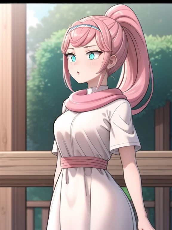 tall girl, cyan colored eyes, long pink hair, tied into a ponytail, pink hair wrapped around her neck, maintain original hairstyle, wearing her original dress, standing outdoors, cowboy shot