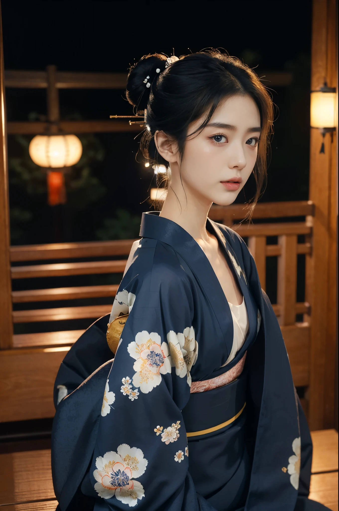 (((best quality))),(((ultra detailed))),(((masterpiece))),illustration,((1 beautiful Japanese girl,solo)),((slim,thin)),((small breasts,flat chest)),serene,melancholic,(rainy:1.3),(night scene:1.3),(in izakaya:1.3),(bun hair:1.2),(traditional Navy blue floral kimono:1.3),cozy atmosphere,sipping drink,ethereal appearance,delicate features,expressive eyes,contemplation,numbs loneliness,intricate kimono patterns,billowing kimono,traditional beauty,graceful sitting pose,sliding doors,rainy alley,soft glow lanterns,warm ambiance,vapor,atmospheric haze,introspection,isolation,beauty in solitude,complex emotions,quiet moments,Drinking Alone,narrative,loneliness,yearning,inner peace,((from front,upper body))