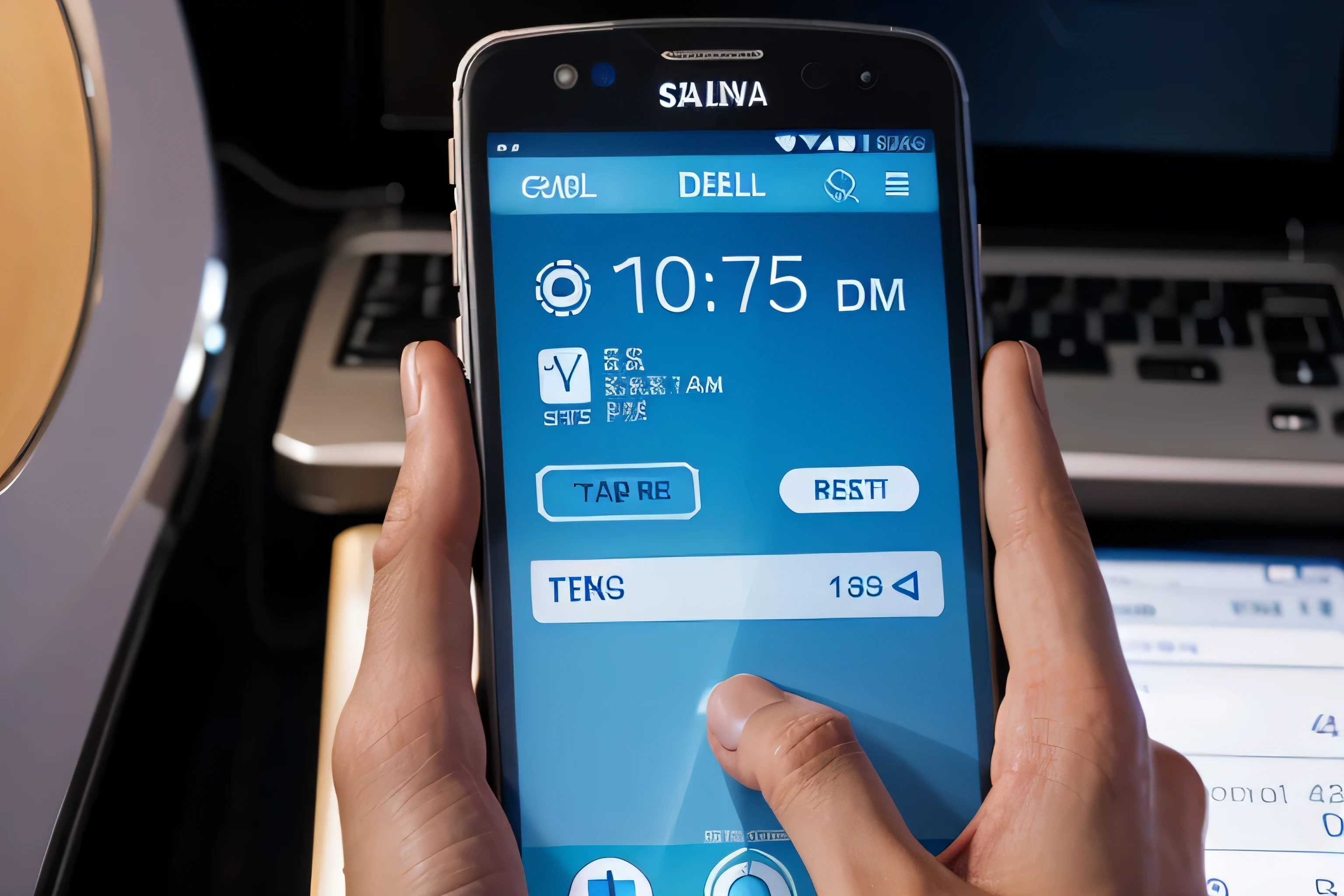 hand holding digital cell phone dialing numbers on the screen to call in closeup