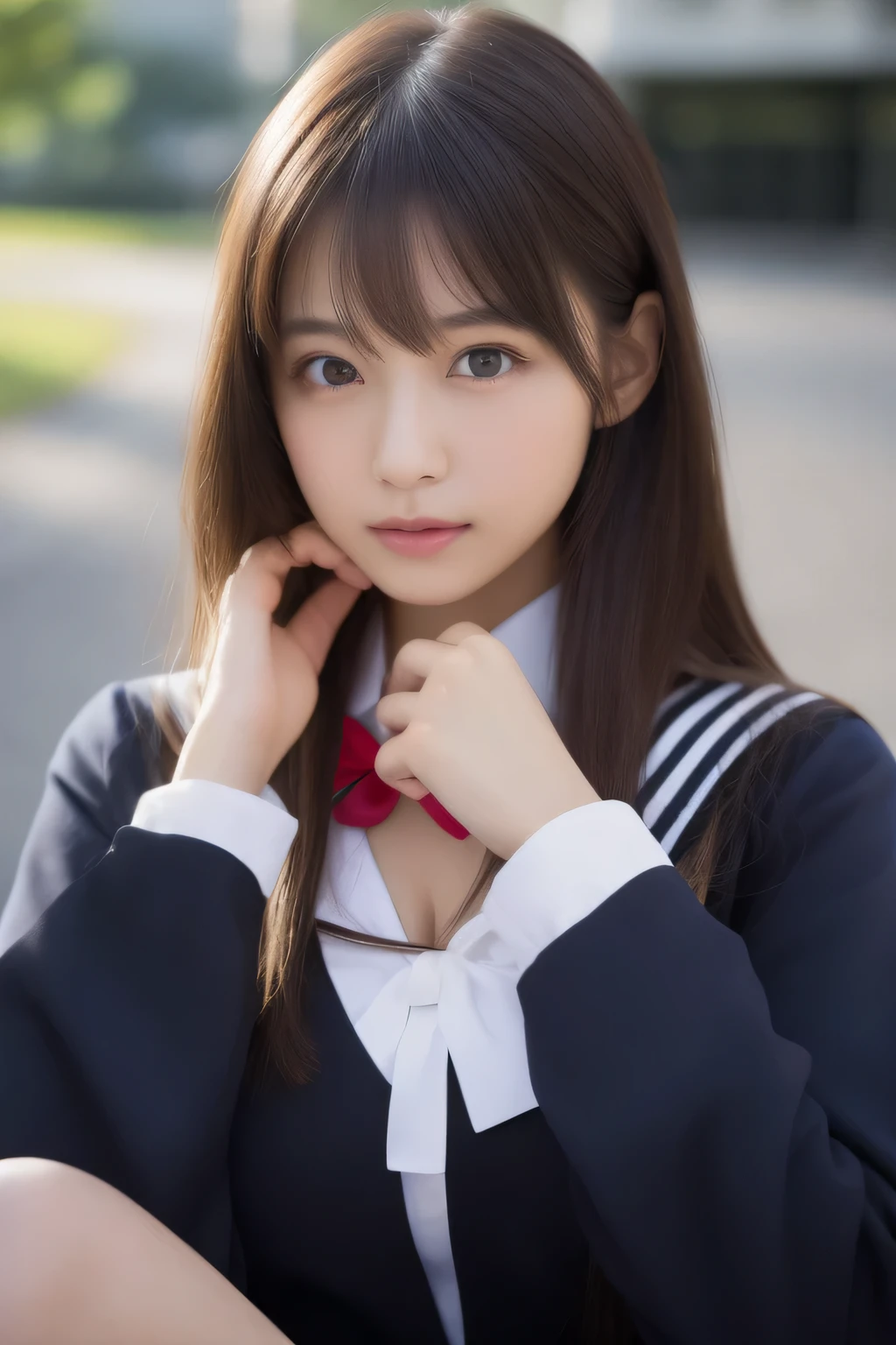 One girl, (Highest quality:1.4), (Very detailed), (Very detailed美しい顔), Great face and eyes, Iris, Black Hair, (Sailor suit, school uniform:1.2), (Cleavage), Smooth, Very detailed CG synthesis 8k wallpaper, High resolution raw color photos, Professional photography, light, Backlight, dream-like, impressive, Depth of written boundary