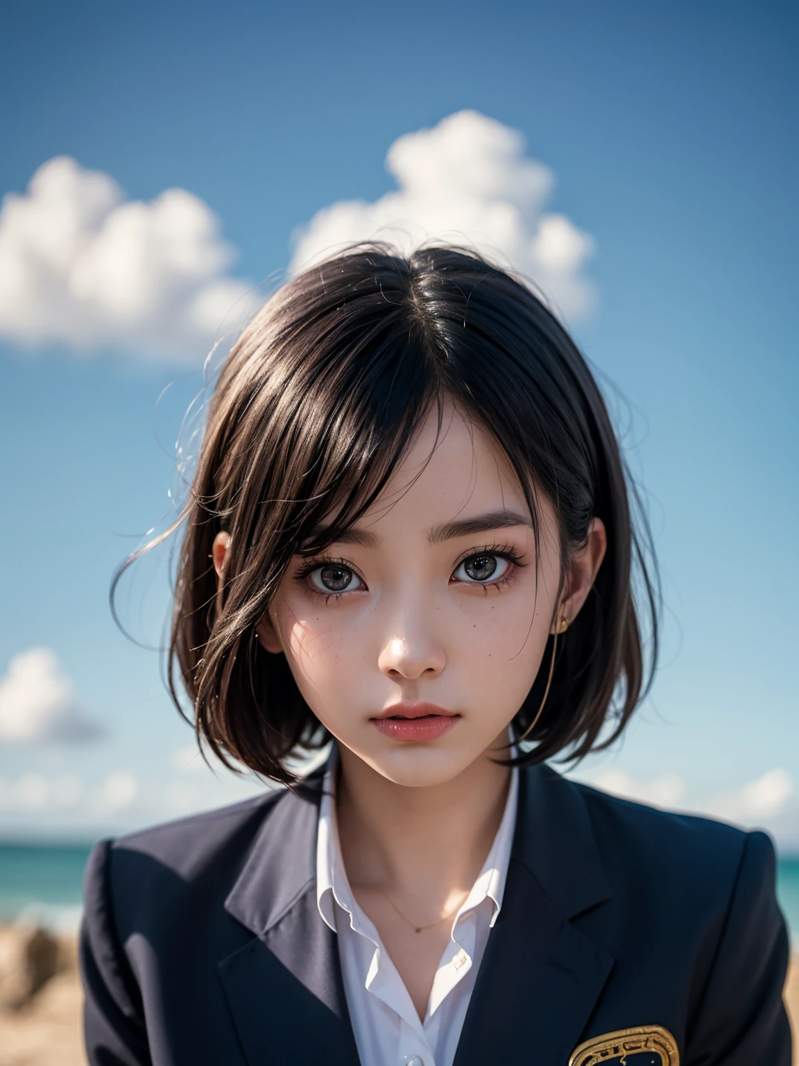 One Girl，(1人のとてもcute女の子:1.3)，masterpiece，Highest quality，High resolution，From below，Low - Angle，Photorealistic，RAW Photos，Ray Tracing，Physically Based Rendering，beautiful girl，(:1.3)，cute，Big eyes，(detailed pupils:1.2)，(The face is facing straight ahead:1.3)，Body facing forward，Beautiful nose，Upturned nose，Fuller lips，Short black hair，ponytail，short hair，Detailed eyelashes，Thin eyebrows，Very fine grain definition，(Symmetrical eyes，Golden Ratio:1.3)，(Face Focus:1.0)，Small breasts，Short neck，Navy Blue Blazer，Red checked pleated skirt，School uniforms，coastal，Blue sky，White cloud，School uniforms，Portrait，View Viewer，Upper Body，Cinema Lighting，High resolution，Very detailed