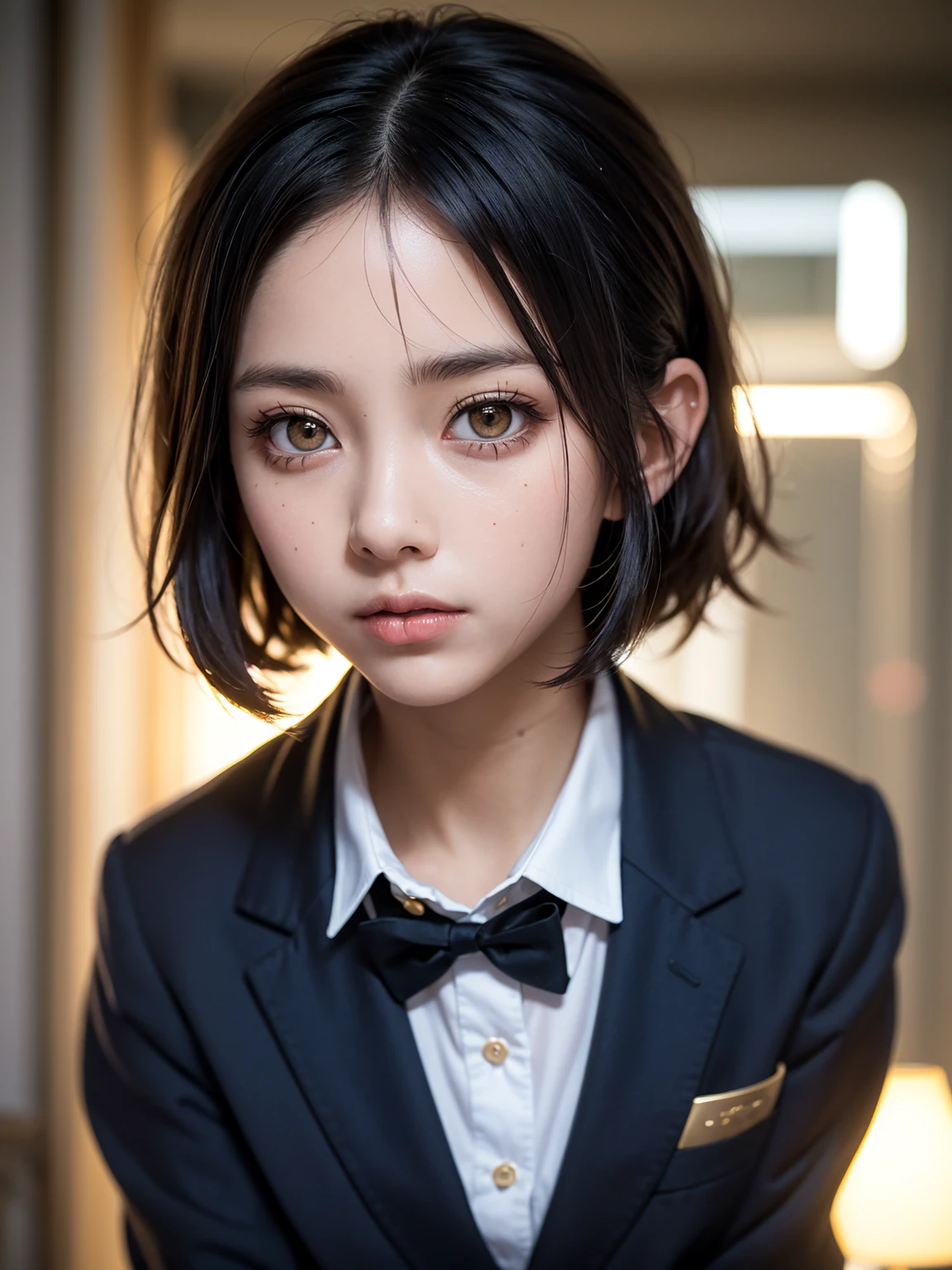 One Girl,(1人のとてもcute女の子:1.3),masterpiece,Highest quality,High resolution,From below,Low - Angle,Photorealistic,RAW Photos,Ray Tracing,Physically Based Rendering,beautiful girl,(:1.3),cute,Big eyes,(detailed pupils:1.2),(The face is facing straight ahead:1.3),Body facing forward,Beautiful nose,Upturned nose,Fuller lips,Short black hair,ponytail,short hair,Detailed eyelashes,Thin eyebrows,Very fine grain definition,(Symmetrical eyes,Golden Ratio:1.3),(Face Focus:1.0),Small breasts,Short neck,Navy Blue Blazer,Red checked pleated skirt,School uniforms,coastal,Blue sky,White cloud,School uniforms,Portrait,View Viewer,Upper Body,Cinema Lighting,High resolution,Very detailed