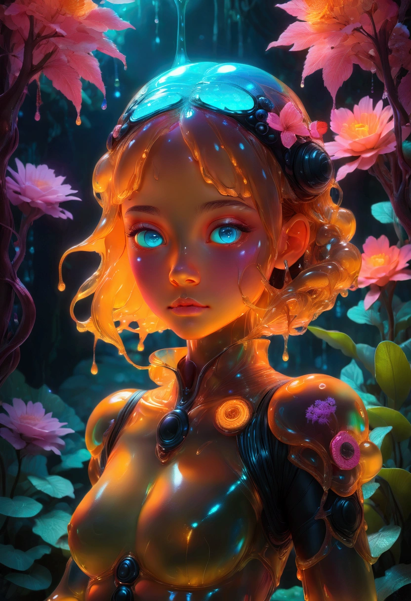 slime girl, slimegirlsupremacy, slimegirlsfw, A slime creature, detailed slimy texture, gooey and viscous appearance, (cute eyes:1.5), bright neon colors, fluorescent glowing, surreal fantasy landscape, colorful alien environment, glowing, bioluminescent plants, cinematic lighting, detailed 3D render, vibrant colors, high detail, masterpiece, best quality, very aesthetic, absurdres