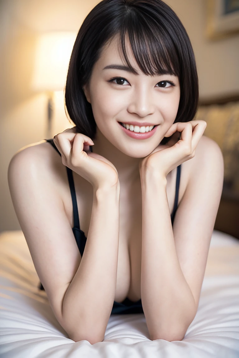 (Realistic、photo Realistic:1.37)、1 girl、23 years old、(Bob Hair, Shortcuts, Brown Hair)、lying on a bed, (Pose waiting for sex on hotel bed: 1.4)、(Browsing Caution:1.3), Beautiful breasts, Beautiful Skin, blush, Squint your eyes、Grinning face、Make eye contact with the camera、Very detailed、super high quality
