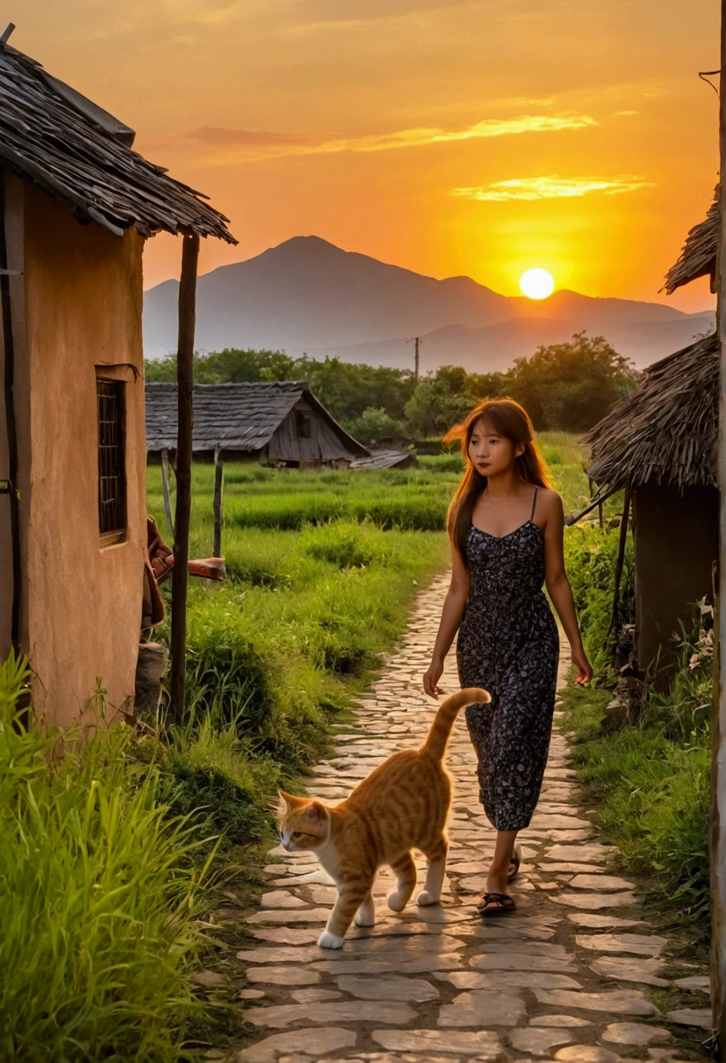 In a beautiful little village，There are mountains，Grove，grassland，Small Lake，kitten，girl，Sexual Desire，Boys trotting through the village，And a beautiful sunset，Breeze１, Browsing Caution