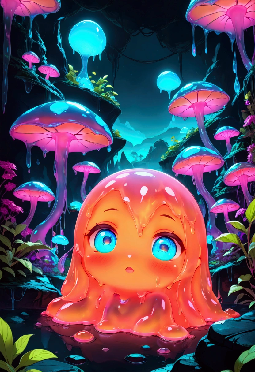 A slime creature, detailed slimy texture, gooey and viscous appearance, cute eyes, bright neon colors, fluorescent glowing, surreal fantasy landscape, colorful alien environment, glowing mushrooms, bioluminescent plants, cinematic lighting, detailed 3D render, vibrant colors, high detail, masterpiece, best quality, very aesthetic, absurdres