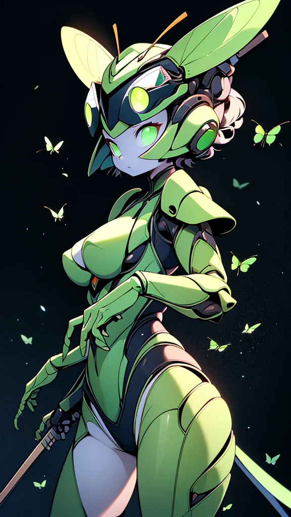 Bug Girl，Mantis Girl，Anthropomorphic insects，anthropomorphic praying mantis，Dark green and dark green，Compound eyes on head，额头上戴着Goggles，Goggles，护眼Goggles，昆虫复眼Goggles，Insect Helmet，Insect decoration，triangle head，镰刀arm，arm，arm上长着镰刀，arm，sickle hand，Machete Hand，Sickle，镰刀arm，Insect abdomen，Insect abdomen，Big breasts，Huge breasts，Bodysuit style，Huge buttocks，Wide crotch，Hips wider than shoulders，Fighting Stance，Fighting Stance，Close-up above the waist