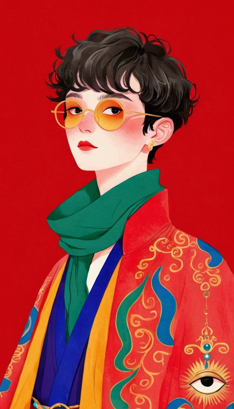 In a painting，A man in a colorful jacket、Delicate androgynous prince wearing a scarf,((( short hair，The third eye on clothes)))，temperament，独奏，Gouache inspired by Lubin Baugin, cg Social Hotspot, Cloisonnism, detailed Fashion Illustration, Fashion Illustration, luxury Fashion Illustration, Hanfu, Complex Abstract. (Gucci style), Color illustrations, cypherpunk Fashion Illustration, ,(((Solid color background)))