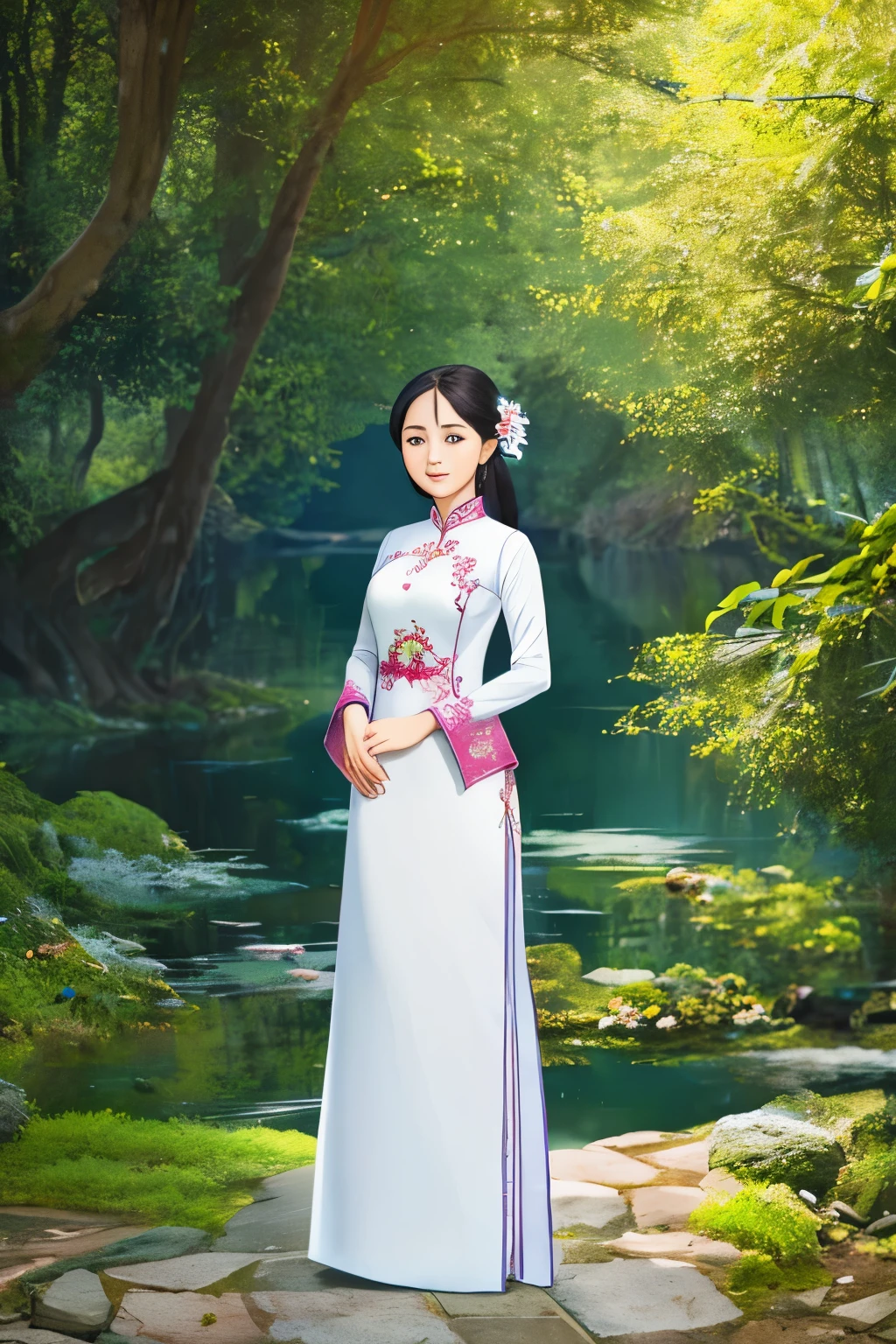 the girl in the Ao Dai is sewn from thin silk or cotton fabric, has a long and body-hugging white style that is very detailed, the peacock pattern in front of the shirt is very detailed, the girl stands in a very splendid space with many details