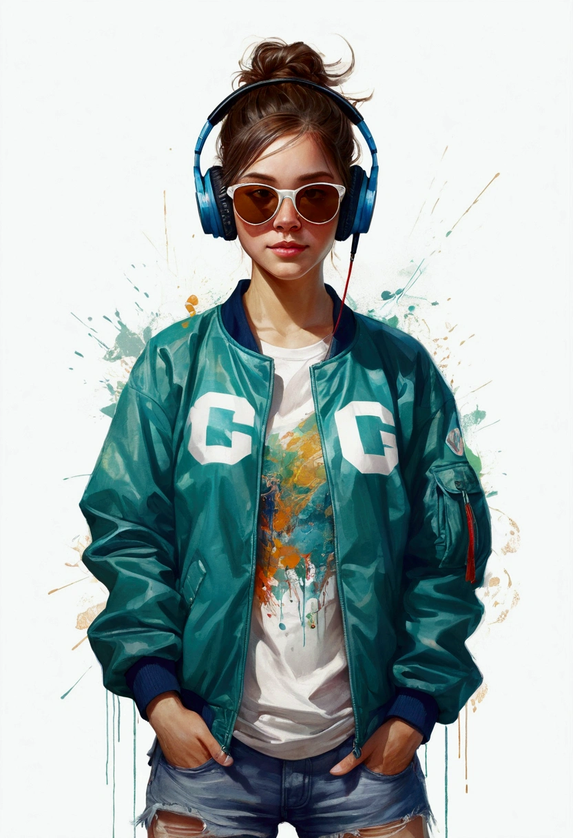 Perfect centering, a cute calf, Wear a student team jacket, wearing sunglasses, Wearing Headphones, cheerfulness, standing position, abstract beauty, centred, looking at the camera, Facing the camera, approaching perfection, dynamic, highy detailed, Soft, sharp focus, 8k, High definition resolution, illustration, arte de Carne Griffiths e Wadim Kashin, White background