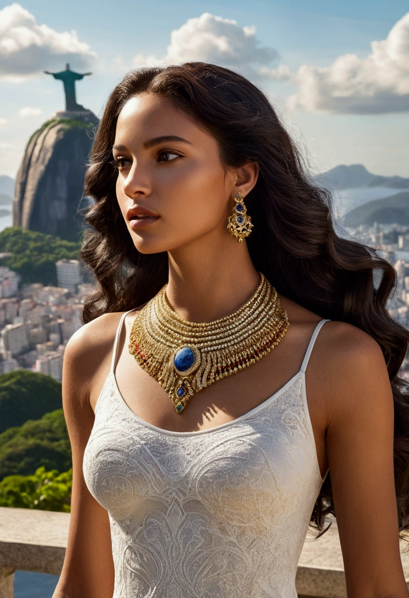 (the best quality, 8k, work of art :1.2), hyper realist, City of Rio de Janeiro, brazil, on a mountain, un detailed A beautiful female figure, She walks with her queenly bearing and her penetrating gaze captivates everyone who looks at her.. She moves with the fluidity and balance of a goddess, her perfect face that resembles a great beauty is framed by her wavy black hair, accentuating her every move as she walks down the runway, adorned with elegant jewelry that adds presence. her ethereal. rot, cristo redentor ao fundo, A beautiful brown-haired girl in sportswear looking at the landscape, Sunnyday, summer