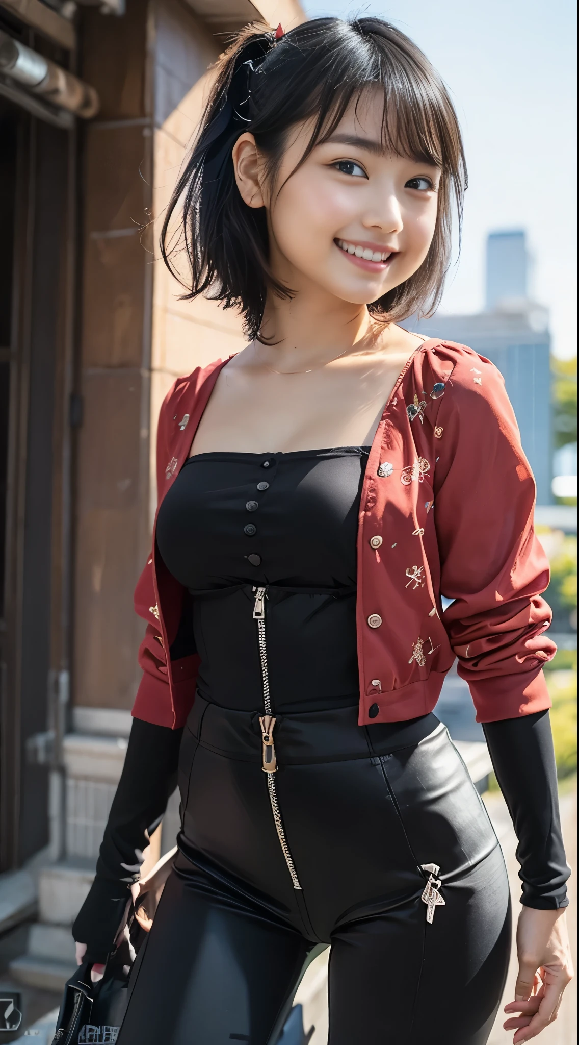 A close up of a woman in a black top and red jacket - SeaArt AI