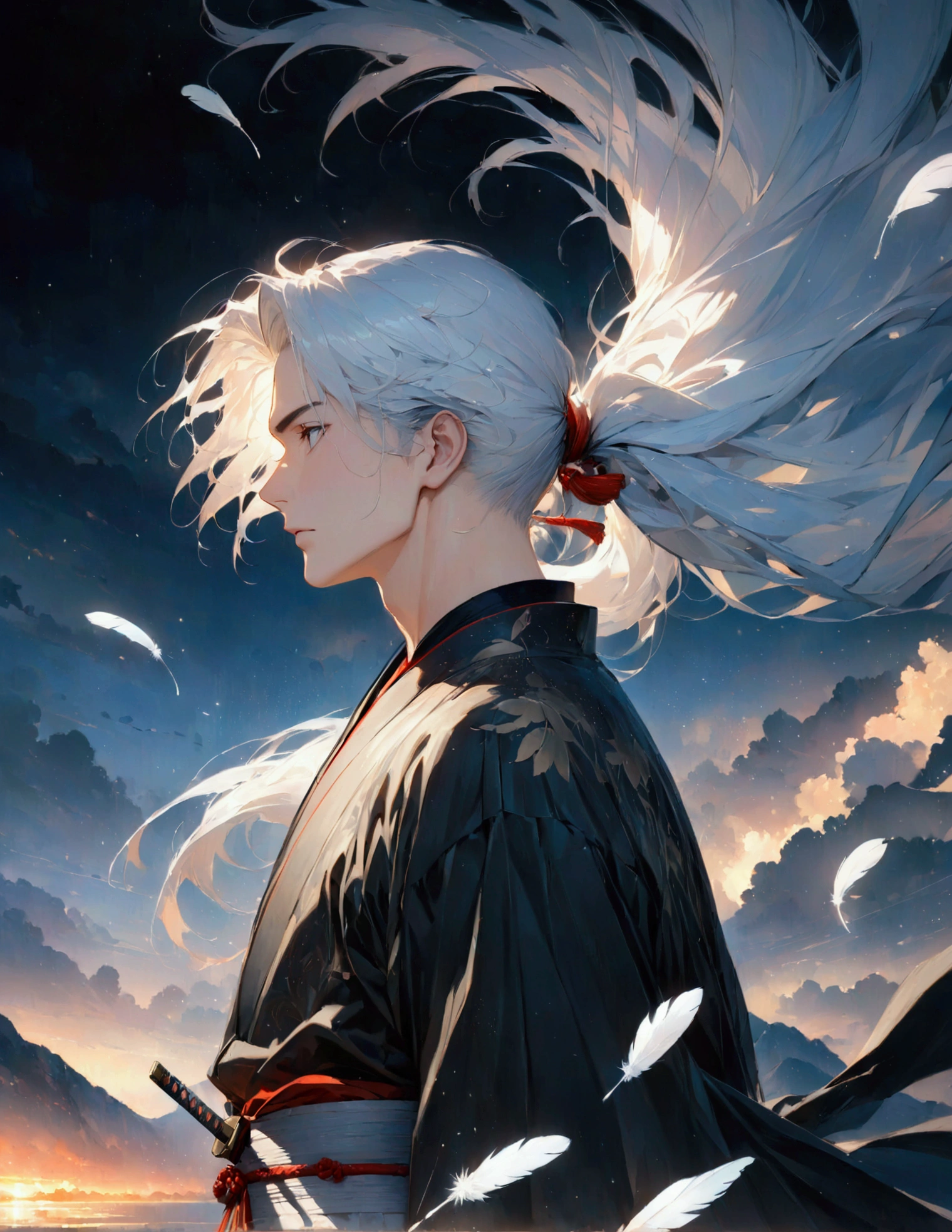 (masterpiece:1.3),(最high quality:1.4),(Very detailedな:1.5),High resolution,Very detailed,8k,artwork,High level of detail,rendering,high quality,Wide range of colors,Countless white feathers rain down,A breathtakingly beautiful nighttime space,Vivid light,((One Anime Guy))、(profile,Landscape),Cool handsome guy,Swordsman、(White Hair)、Long hair that reaches down to the waist is tied in a single ponytail、White Hakama、白いSwordsmanの服装、((samurai)),There&#39;s a sword on his waist、Looking up with a blank look。