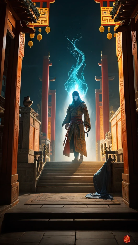 A tall ghost stares into the distance against the backdrop of ancient Chinese architecture，It is dressed in a gorgeous ancient robe，Showing a unique ancient mythological temperament。Use dreamy light and shadow to show the atmosphere，and elements of mythology，Like mysterious spells and ancient weapons。Use delicate lines and rich colors，Depict a magical and shocking scene，Highlighting the creativity of artists，It makes people fall into the fantasy world of classical China。The art style can refer to various Chinese myths and legends styles that combine oriental charm and fantasy elements.。Use Octane rendering technology，Display realistic light and shadow effects。The perspective lens adopts a bird&#39;s-eye view，Show the majesty and mystery of ghost characters。
