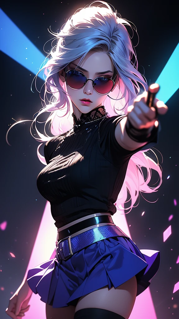 ((( perspective))), hyperrealistic characters, neon outline effect, neon paint shading effect, bright colors, magical special effects, digital watercolor effect, air flow visualization effect, 1girl, black shirt, white tie, translucent round sunglasses, gothic soft makeup, long silky hair, beautiful blue eyes, black mini skirt, stockings, posing, fighting pose, casting a spell, reading a spell, (best quality,4k,8k,highres,masterpiece:1.2),ultra-detailed,( realistic,photorealistic,photo-realistic:1.37),vivid colors,studio lighting,extreme detail description,professional