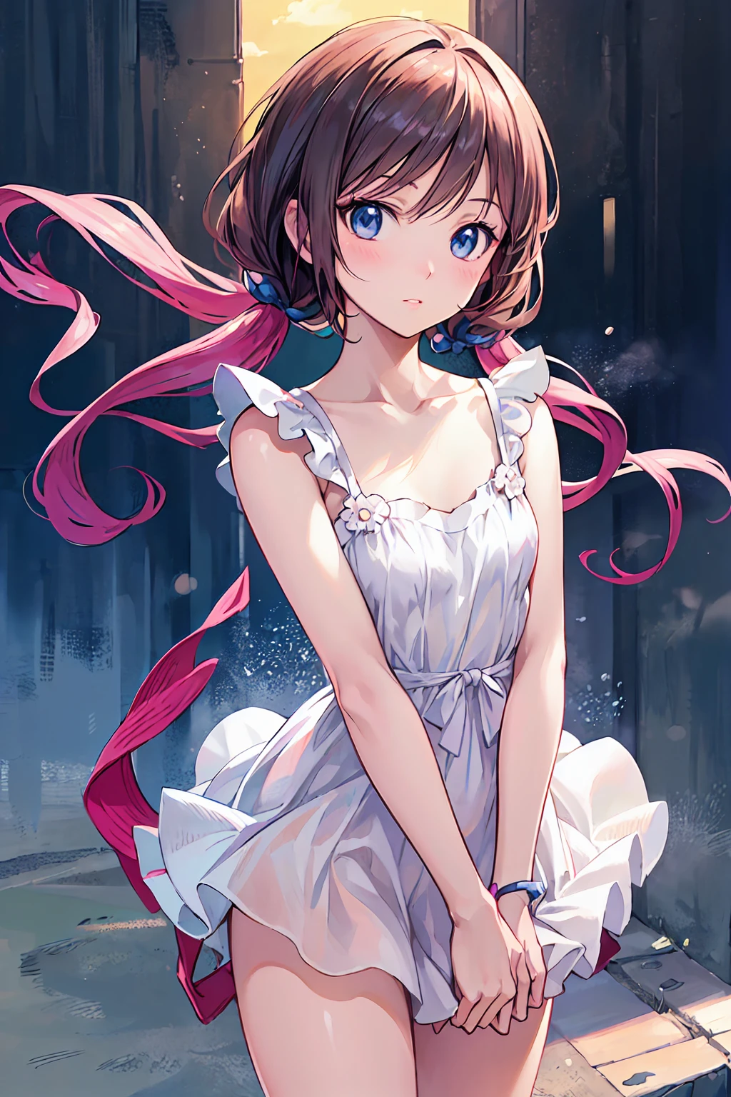 (Highest quality,4K,8k,High resolution,masterpiece:1.2),Very detailed,(Realistic,photoRealistic,photo-Realistic:1.37),Beautiful attention to detail,Beautiful lip detail,girl with beautiful eyes, Anime girl in a cute dress, Cute anime wife in a nice dress, Detailed digital anime art, Wearing a dress, everyone, Beautiful Anime Girls, Cute Anime Girl, Smooth anime art, Anime Style, Vibrant colors, Soft lighting, Detailed coquettish eyes, Small breasts，Flat chest
