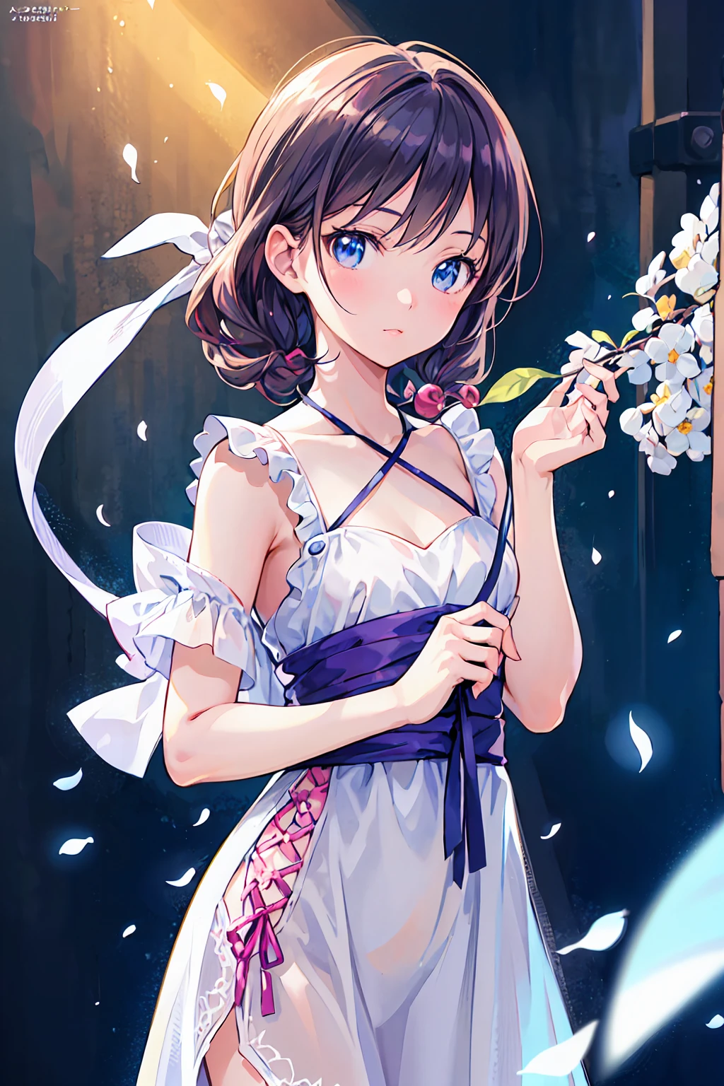 (Highest quality,4K,8k,High resolution,masterpiece:1.2),Very detailed,(Realistic,photoRealistic,photo-Realistic:1.37),Beautiful attention to detail,Beautiful lip detail,girl with beautiful eyes, Anime girl in a cute dress, Cute anime wife in a nice dress, Detailed digital anime art, Wearing a dress, everyone, Beautiful Anime Girls, Cute Anime Girl, Smooth anime art, Anime Style, Vibrant colors, Soft lighting, Detailed coquettish eyes, Small breasts，Flat chest